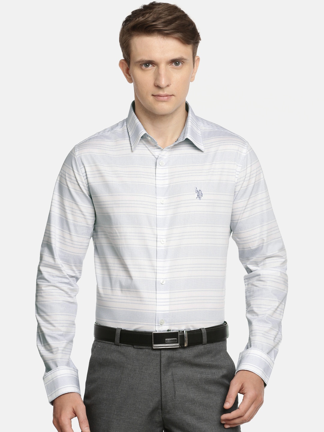 

U.S. Polo Assn. Tailored Men White & Blue Tailored Fit Striped Formal Shirt