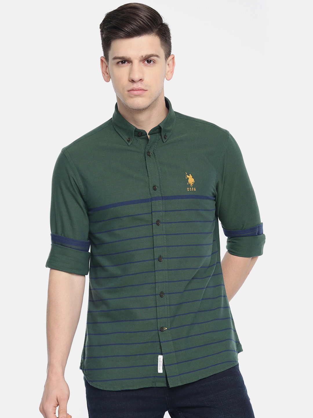 

U.S. Polo Assn. Men Green & Navy Blue Striped Regular Fit Casual Shirt