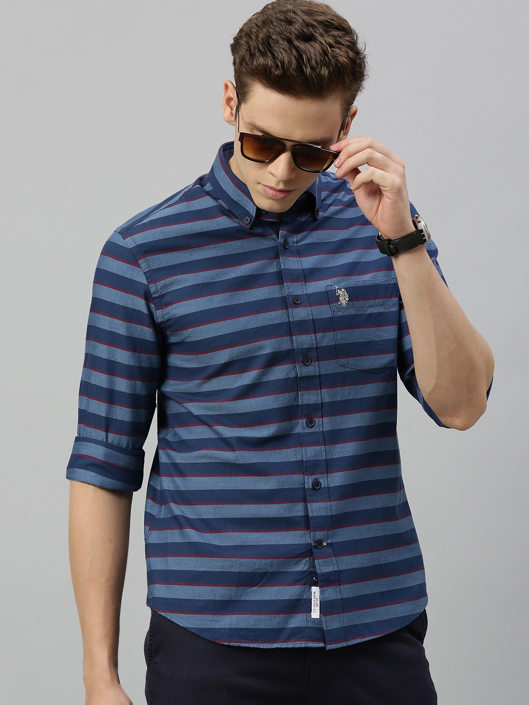 

U.S. Polo Assn. Men Navy Blue & Red Tailored Fit Striped Casual Shirt