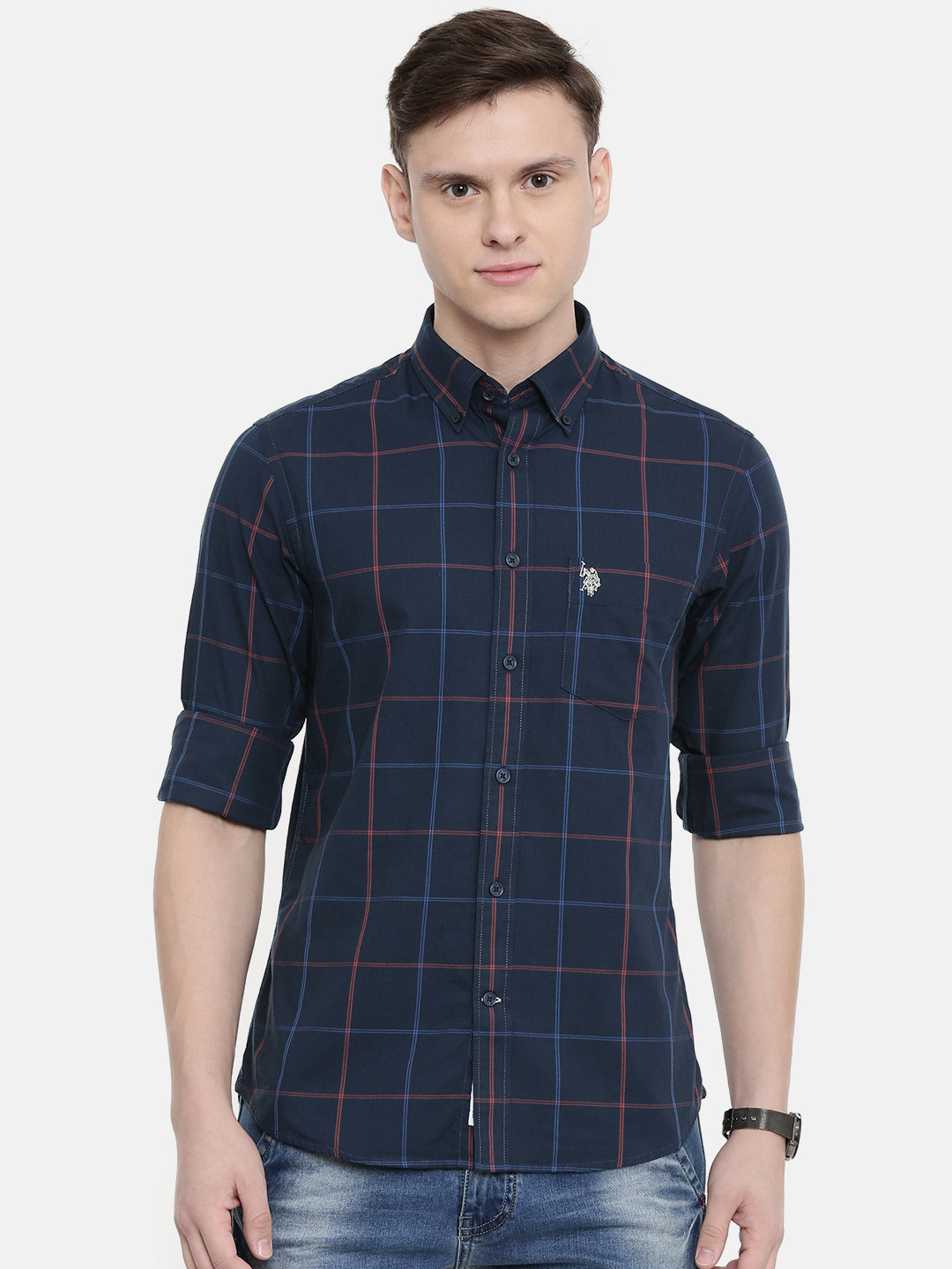 

U.S. Polo Assn. Men Navy Blue & Red Tailored Fit Checked Casual Shirt