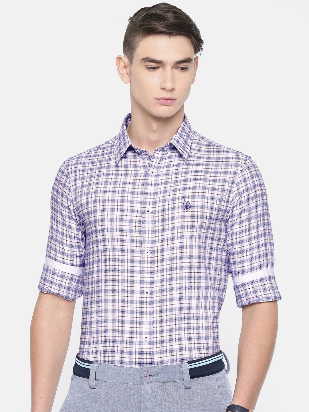

U.S. Polo Assn. Tailored Men Navy Blue & Red Tailored Fit Checked Smart Casual Shirt