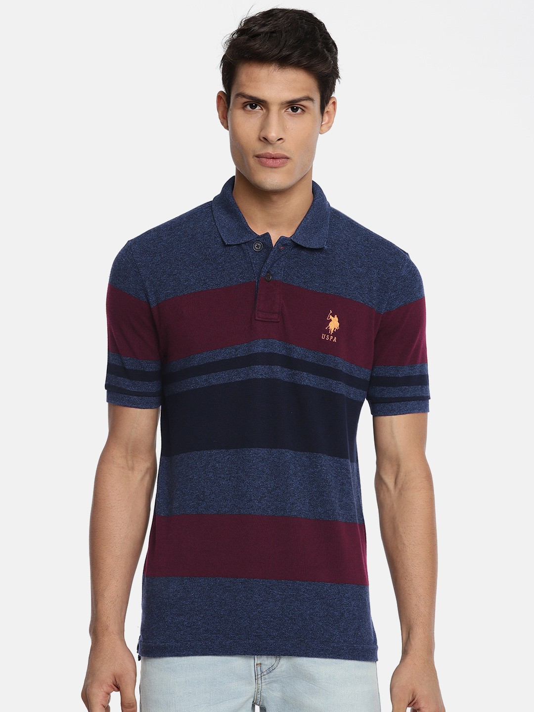 

U.S. Polo Assn. Men Navy Blue Burgundy Slim Fit Striped Polo Collar Pure Cotton T-shirt