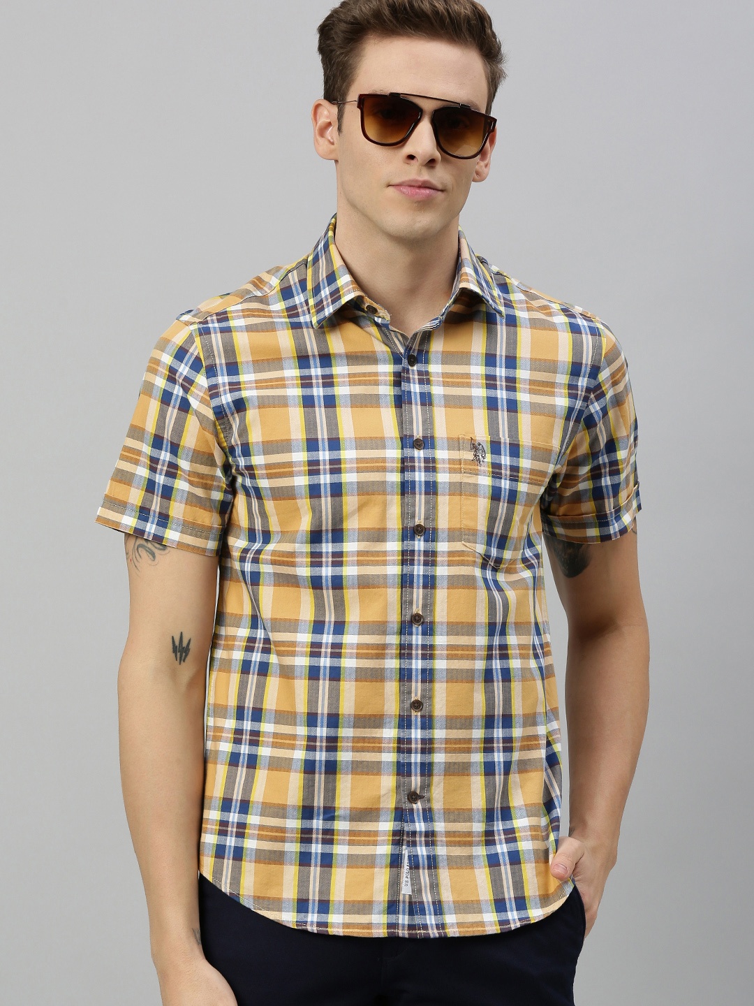 

U.S. Polo Assn. Men Mustard Yellow & Blue Tailored Fit Checked Casual Shirt