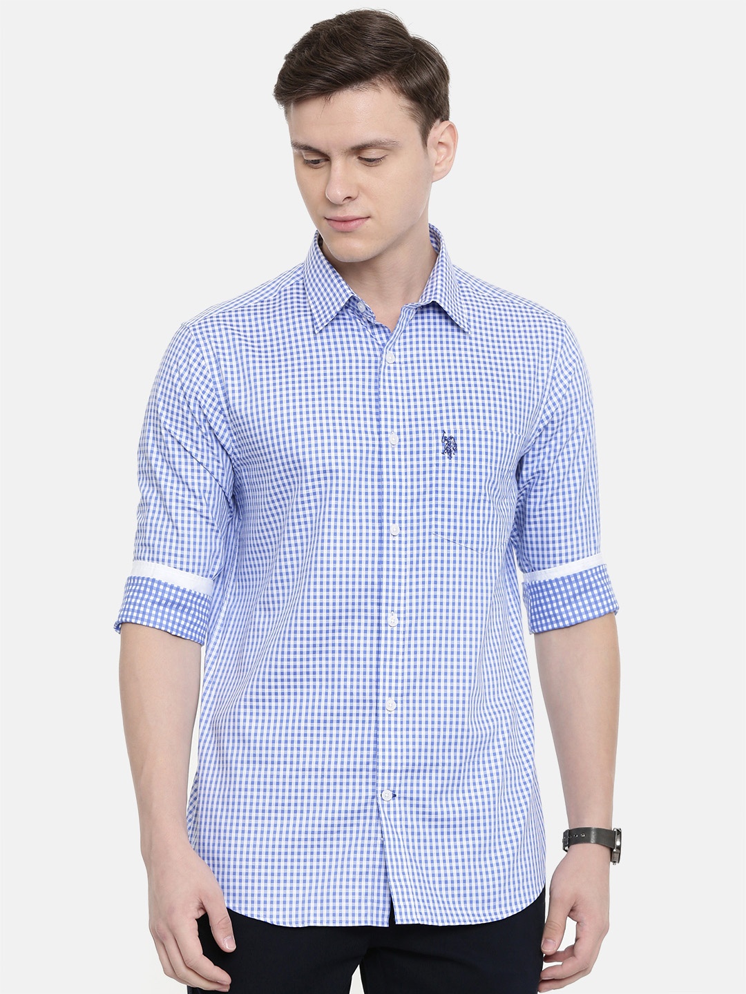 

U.S. Polo Assn. Tailored Men White & Blue Tailored Fit Checked Casual Shirt