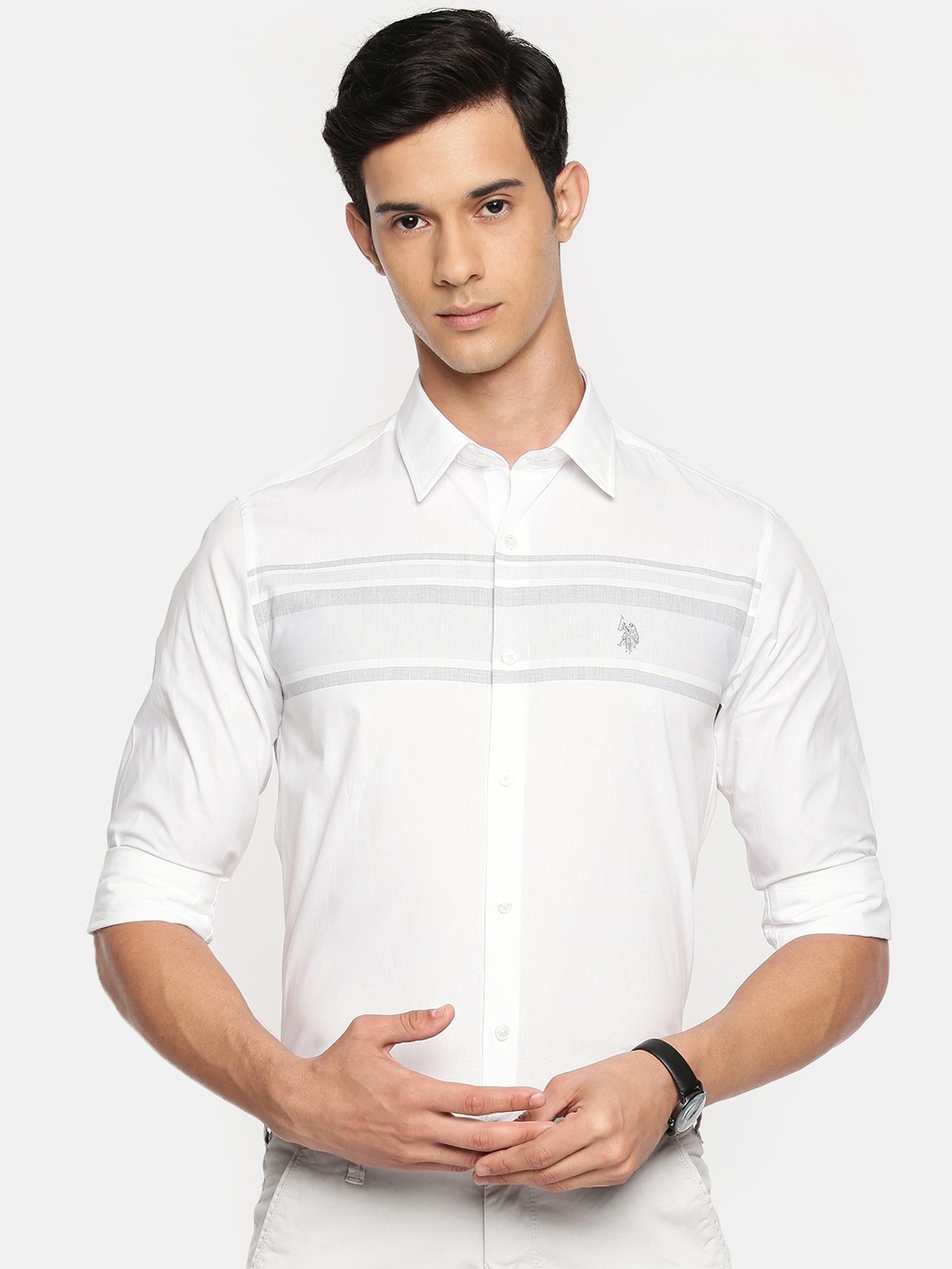 

U.S. Polo Assn. Tailored Men White & Grey Tailored Fit Striped Smart Casual Shirt