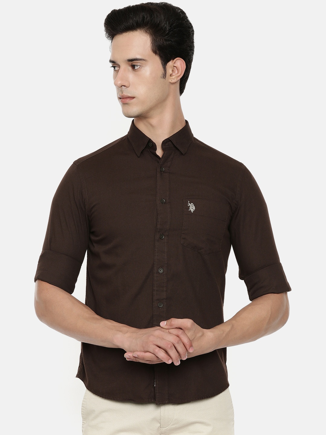 

U.S. Polo Assn. Men Brown Tailored Fit Solid Casual Shirt