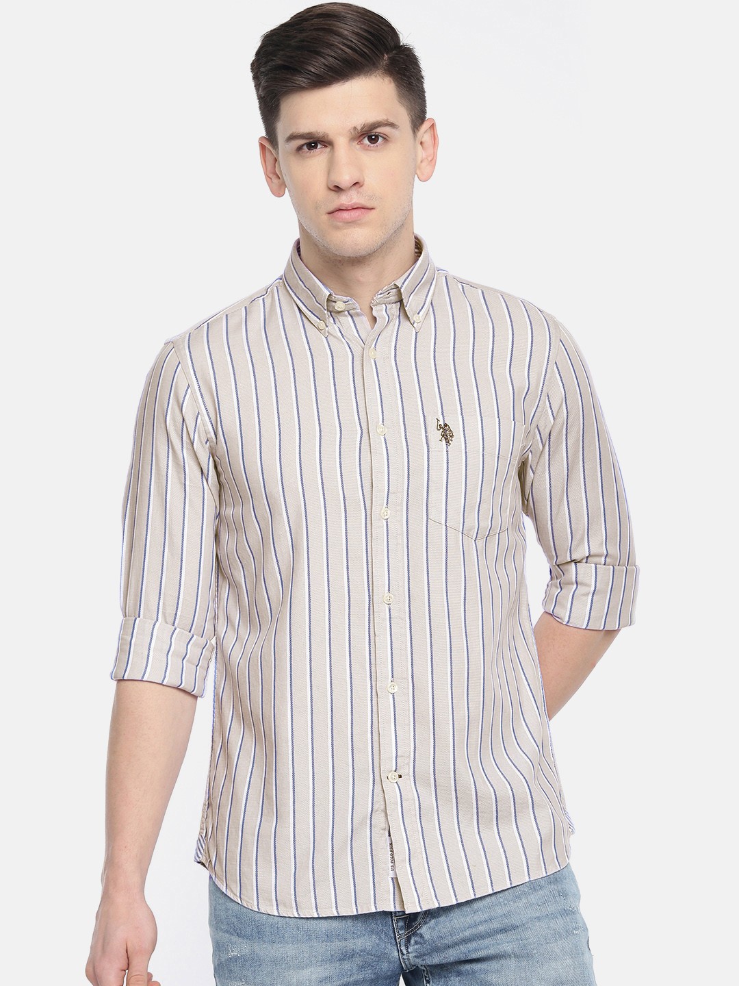 

U.S. Polo Assn. Men Beige & White Tailored Fit Striped Casual Shirt