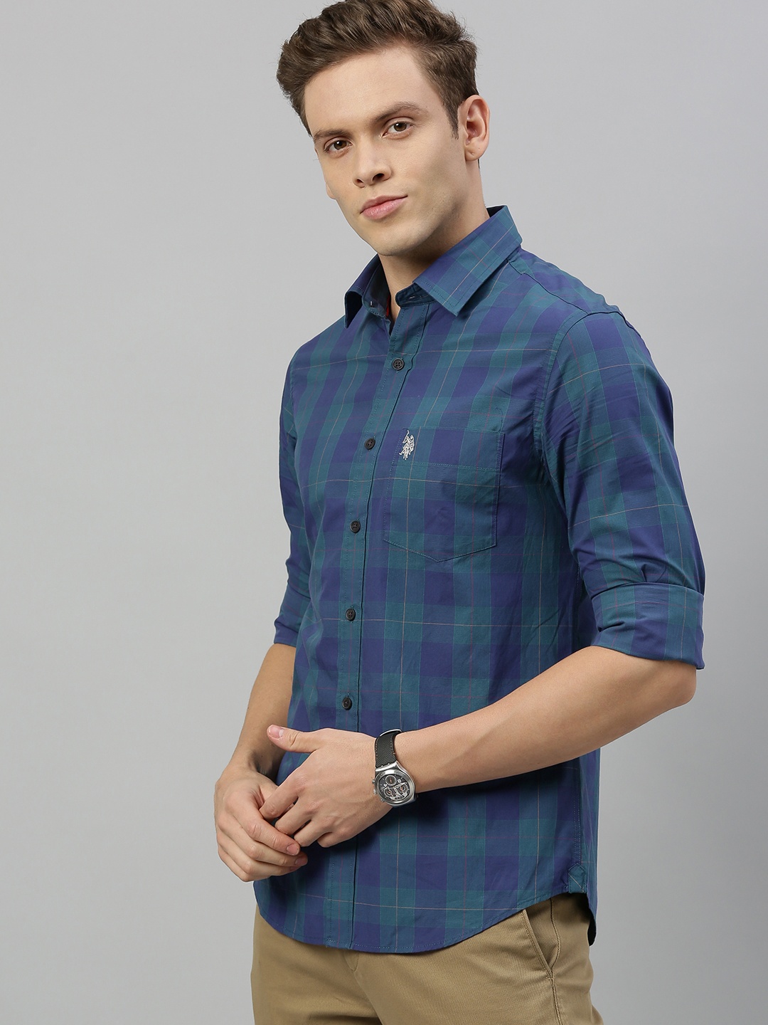 

U.S. Polo Assn. Men Blue & Green Tailored Fit Checked Casual Shirt