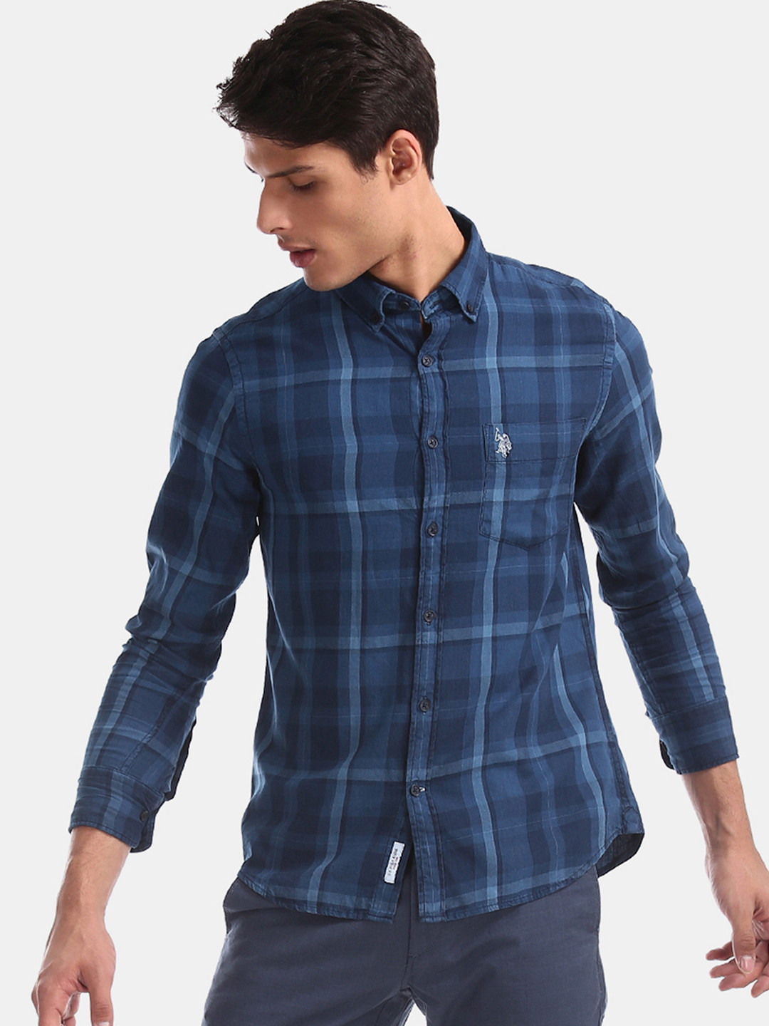 

U.S. Polo Assn. Men Navy Blue Regular Fit Checked Casual Shirt