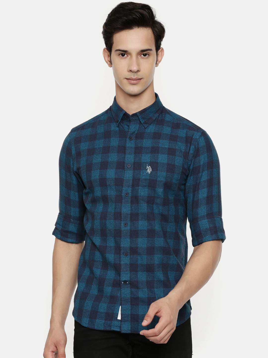 

U.S. Polo Assn. Men Blue Tailored Fit Checked Casual Shirt