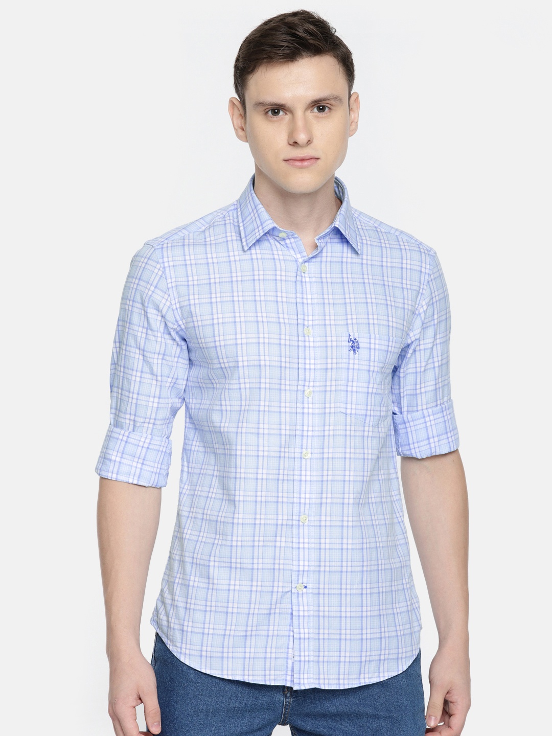 

U.S. Polo Assn. Men Blue & White Tailored Fit Checked Casual Shirt