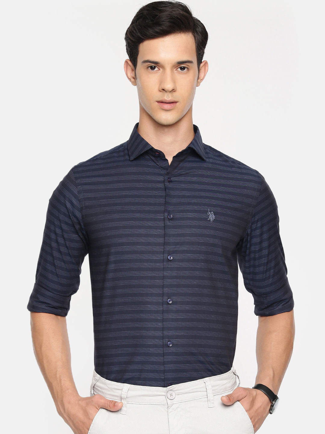 

U.S. Polo Assn. Tailored Men Navy Blue & White Tailored Fit Striped Smart Casual Shirt