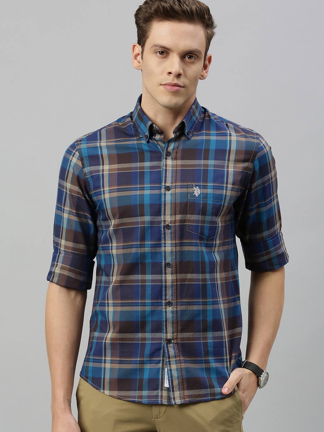 

U.S. Polo Assn. Men Blue & Brown Tailored Fit Checked Casual Shirt