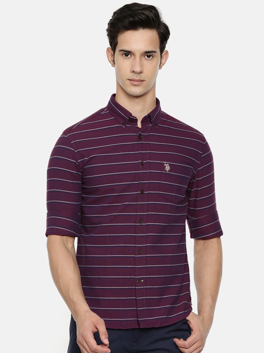 

U.S. Polo Assn. Men Burgundy & Navy Blue Tailored Fit Striped Casual Shirt