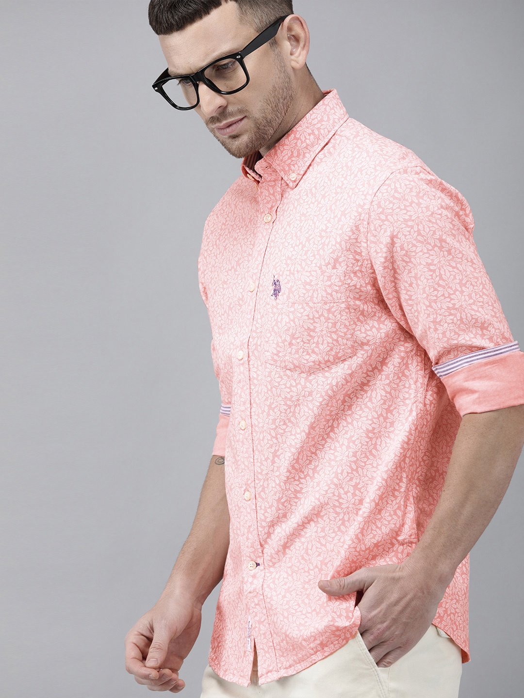 

U.S. Polo Assn. Men Peach-Coloured & White Tailored Fit Printed Casual Shirt