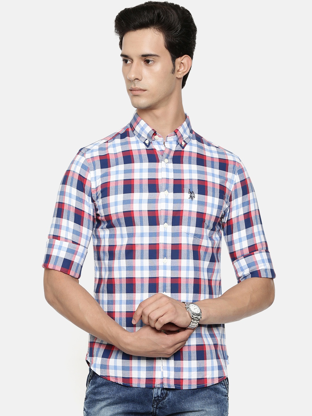 

U.S. Polo Assn. Men Blue & Red Tailored Fit Checked Casual Shirt