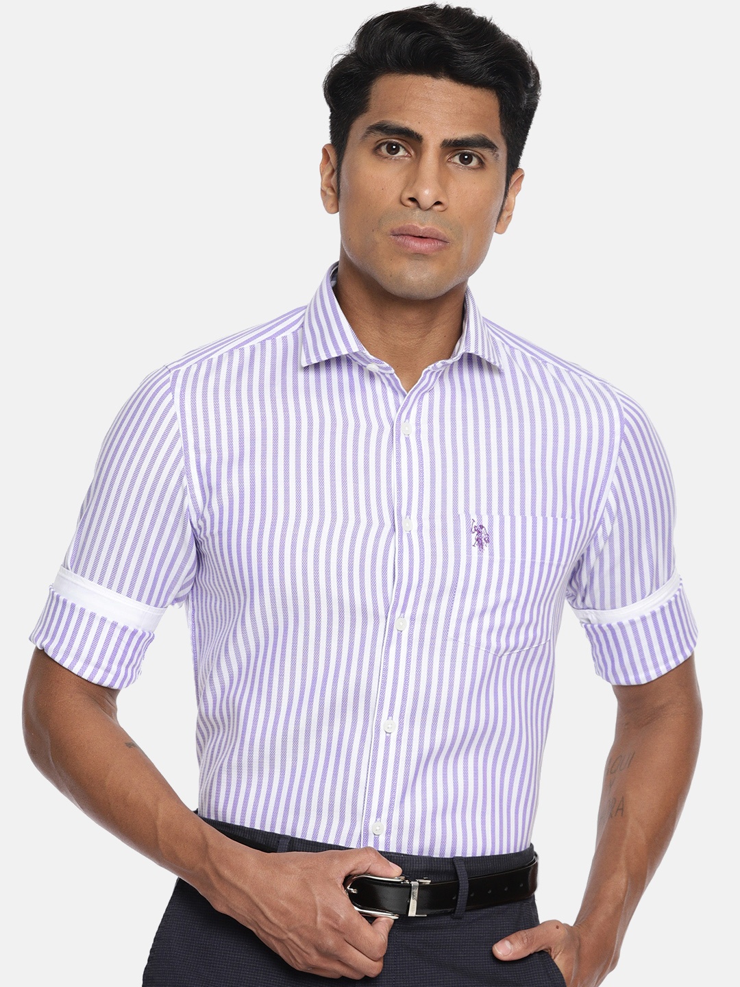 

U.S. Polo Assn. Tailored Men Purple & White Tailored Fit Striped Formal Shirt