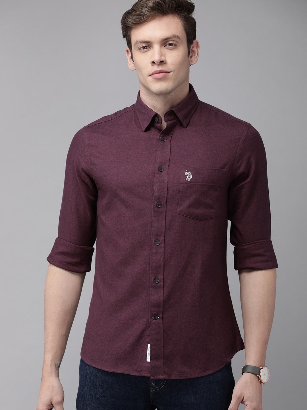 

U.S. Polo Assn. Men Burgundy Tailored Fit Solid Casual Shirt