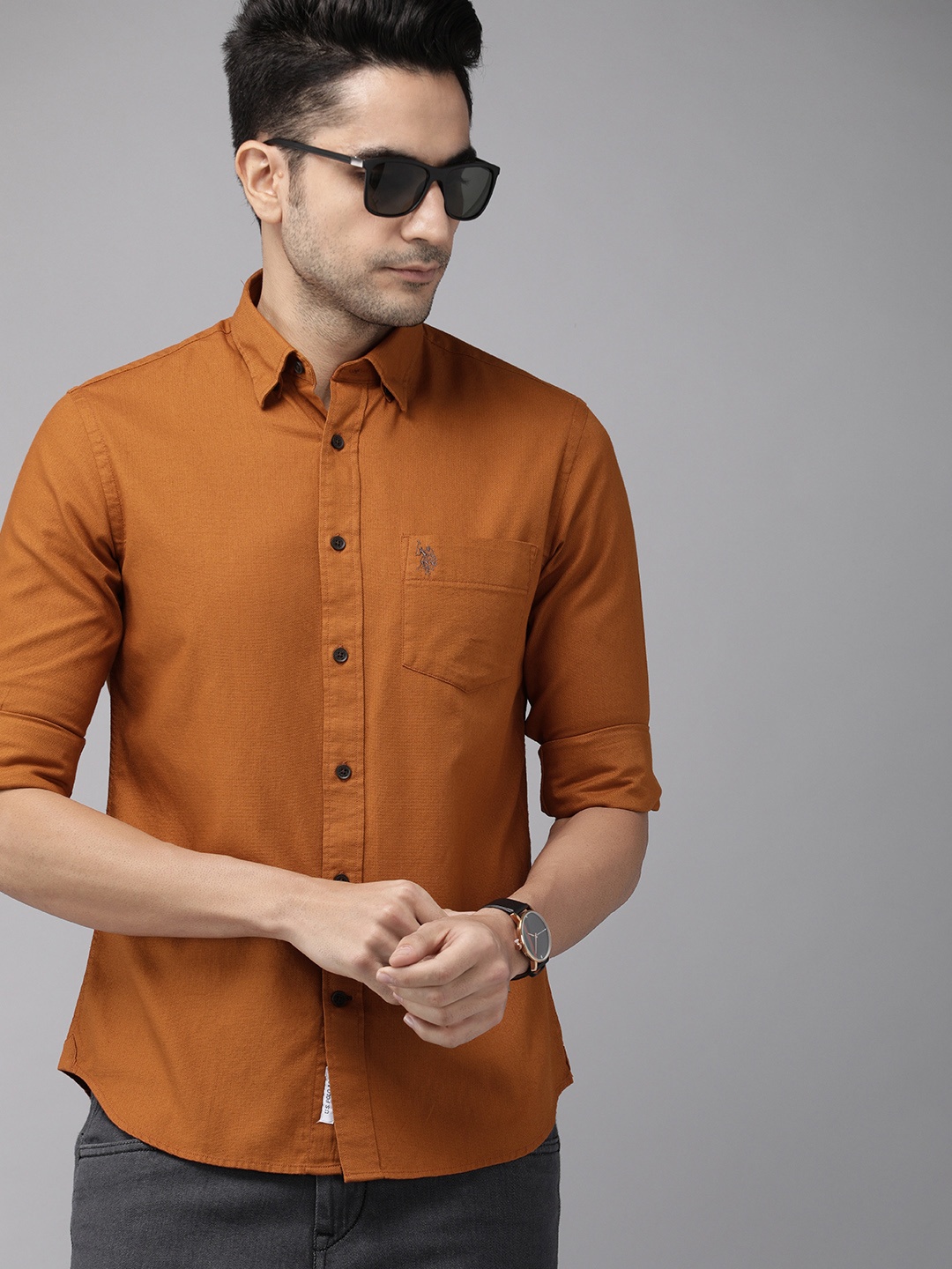 

U.S. Polo Assn. Men Rust Orange Tailored Fit Solid Casual Shirt