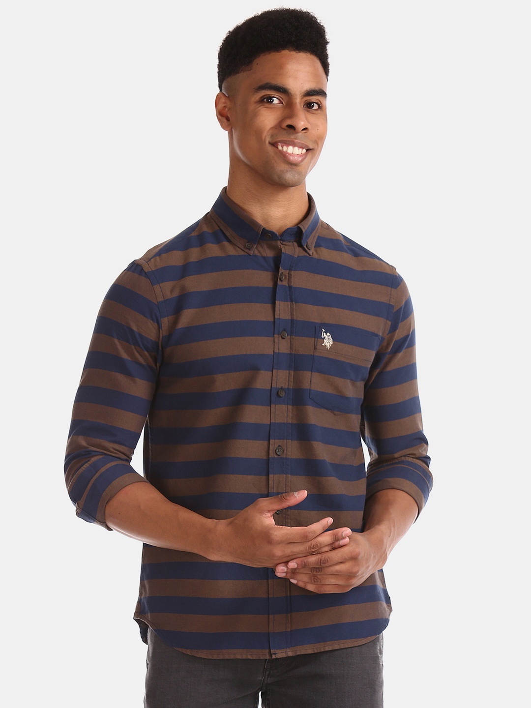 

U.S. Polo Assn. Men Brown & Blue Regular Fit Striped Casual Shirt