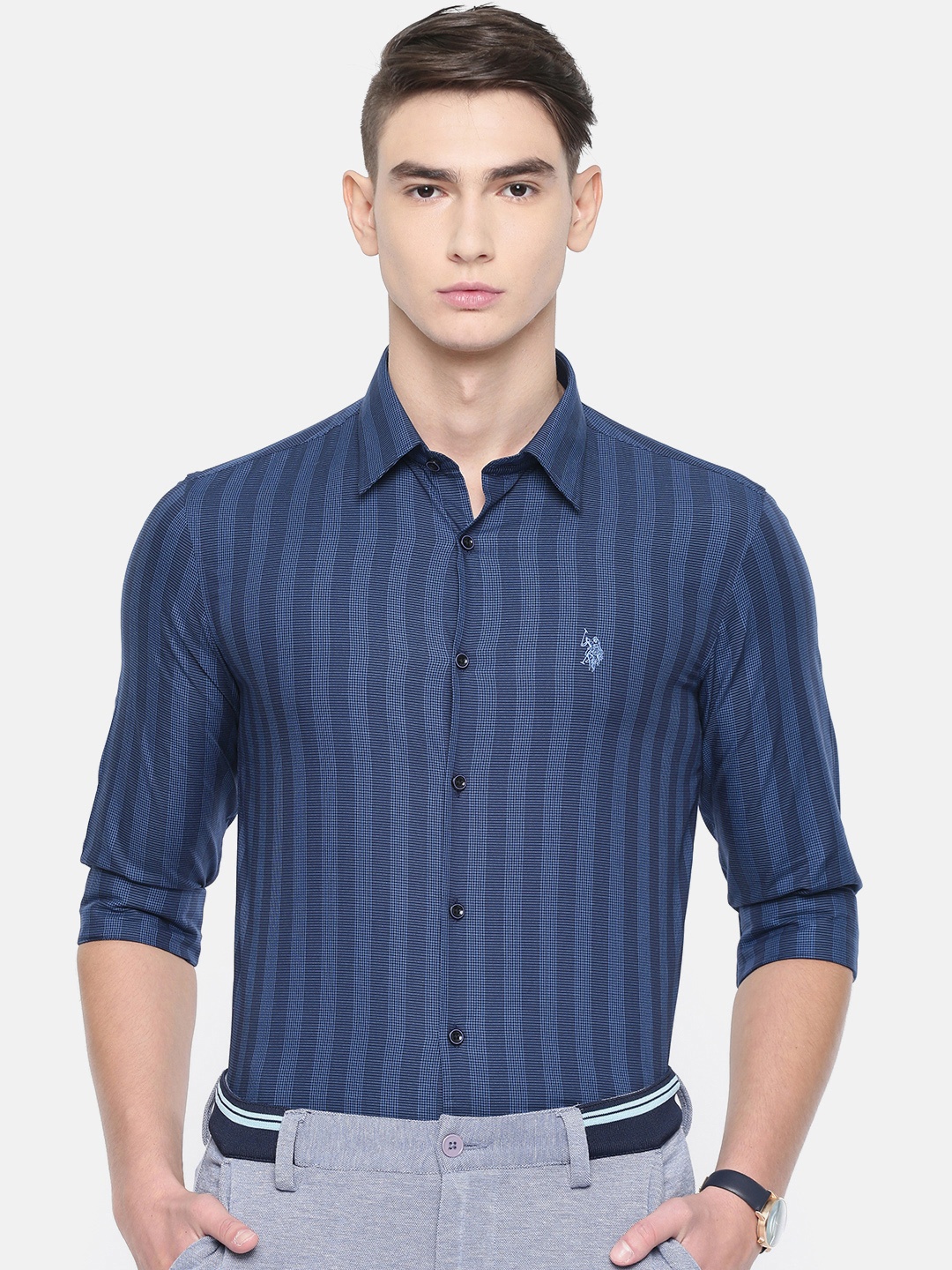 

U.S. Polo Assn. Tailored Men Navy Blue Slim Fit Striped Smart Casual Shirt