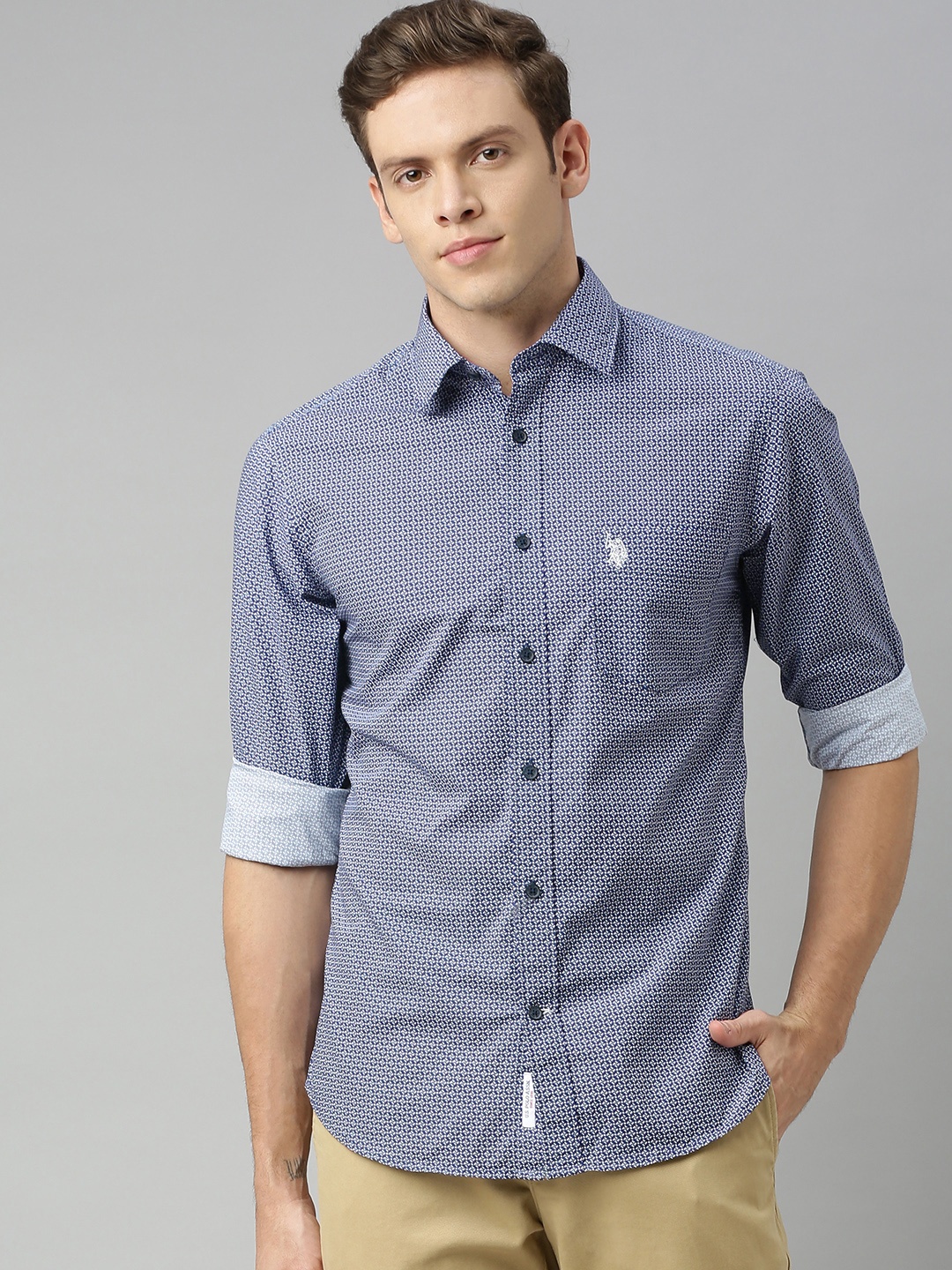

U.S. Polo Assn. Men Navy Blue & White Tailored Fit Printed Casual Shirt