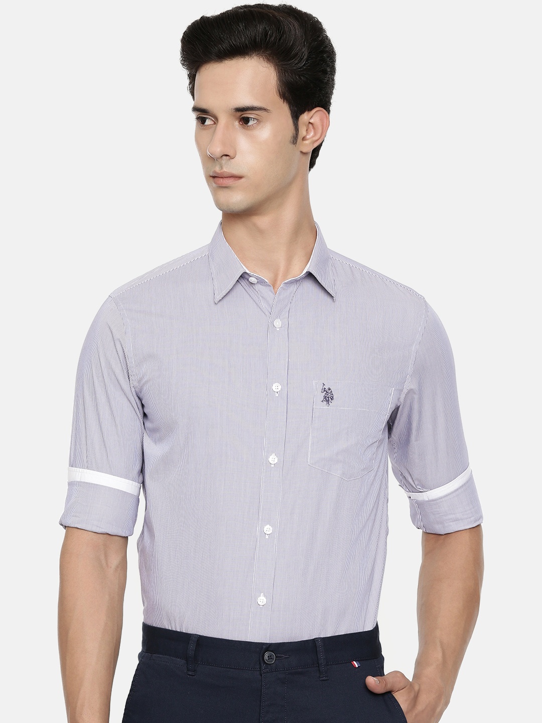 

U.S. Polo Assn. Tailored Men White & Blue Tailored Fit Striped Smart Casual Shirt
