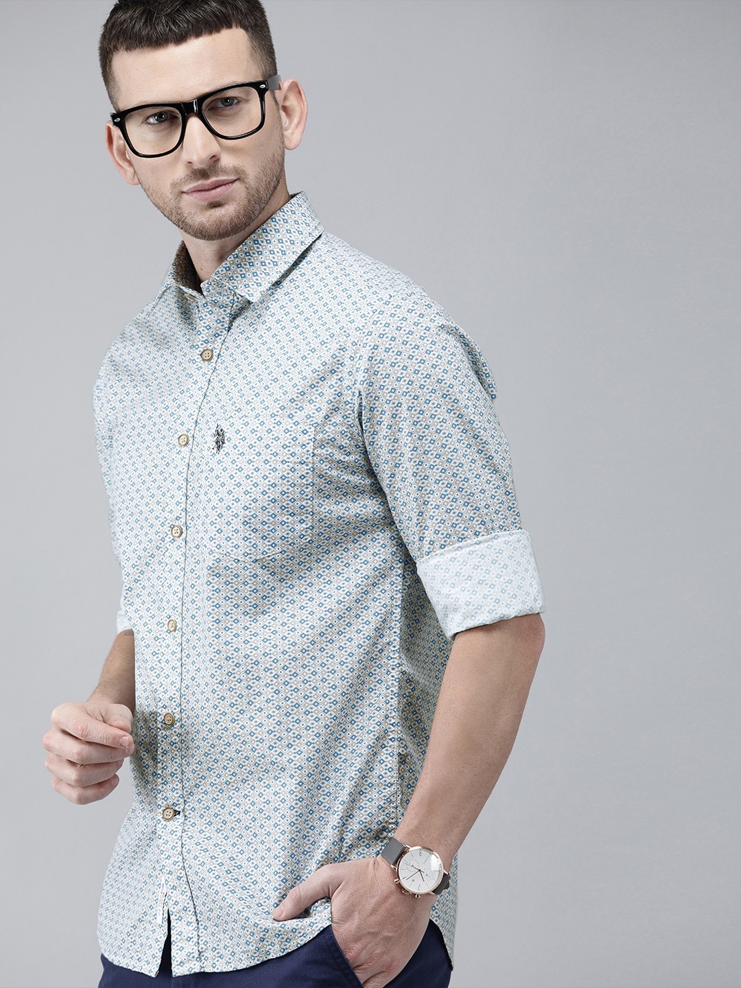 

U.S. Polo Assn. Men Blue & Grey Tailored Fit Printed Casual Shirt