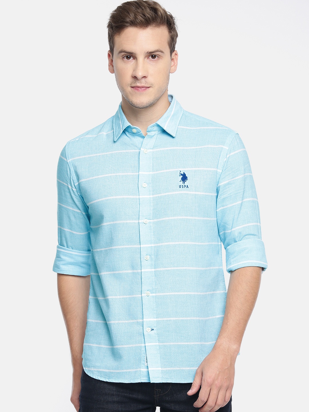 

U.S. Polo Assn. Men Blue & White Tailored Fit Striped Casual Shirt