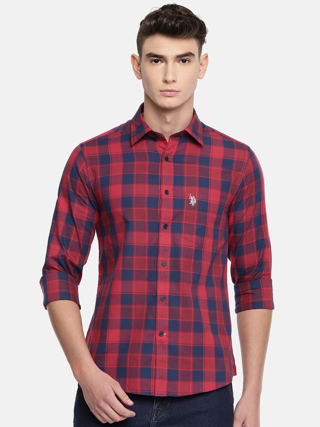 

U.S. Polo Assn. Men Red & Navy Blue Tailored Fit Checked Casual Shirt