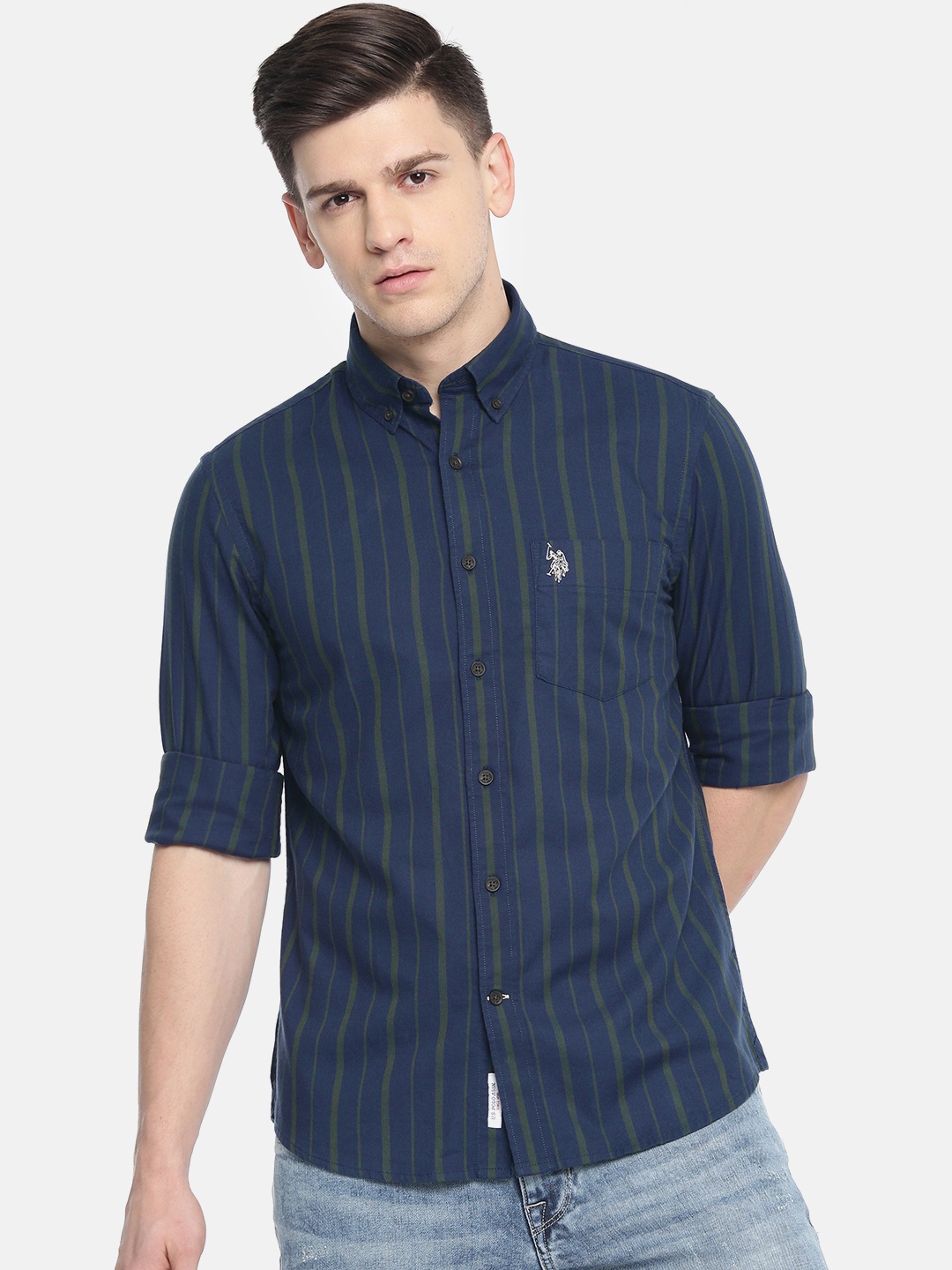 

U.S. Polo Assn. Men Navy Blue & Olive Green Tailored Fit Striped Casual Shirt