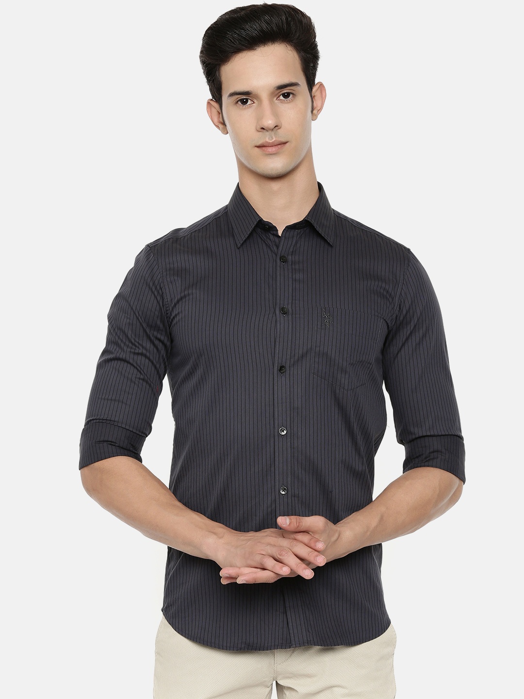 

U.S. Polo Assn. Tailored Men Charcoal Grey Slim Fit Striped Casual Shirt