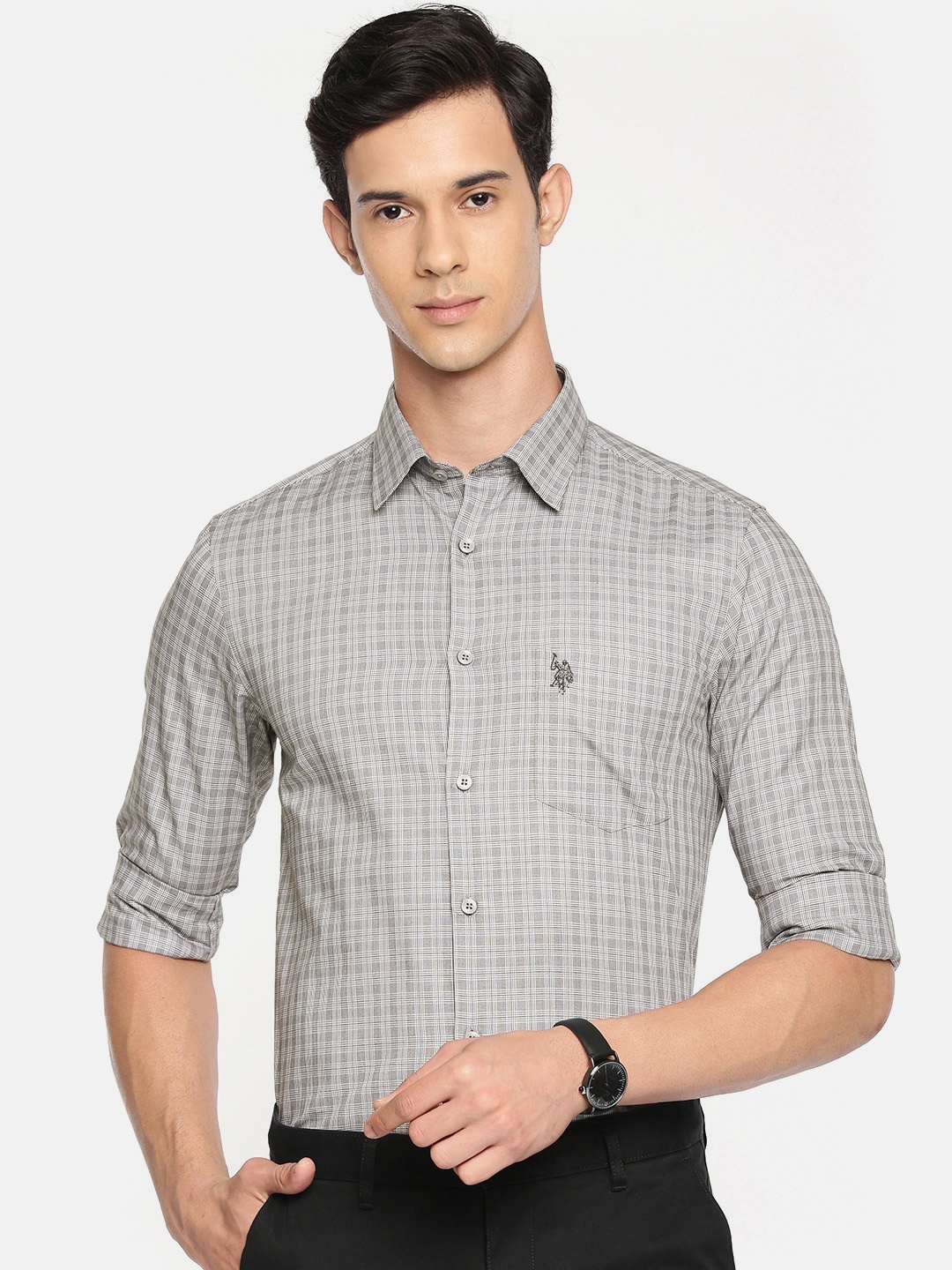 

U.S. Polo Assn. Tailored Men Grey & White Tailored Fit Checked Smart Casual Shirt