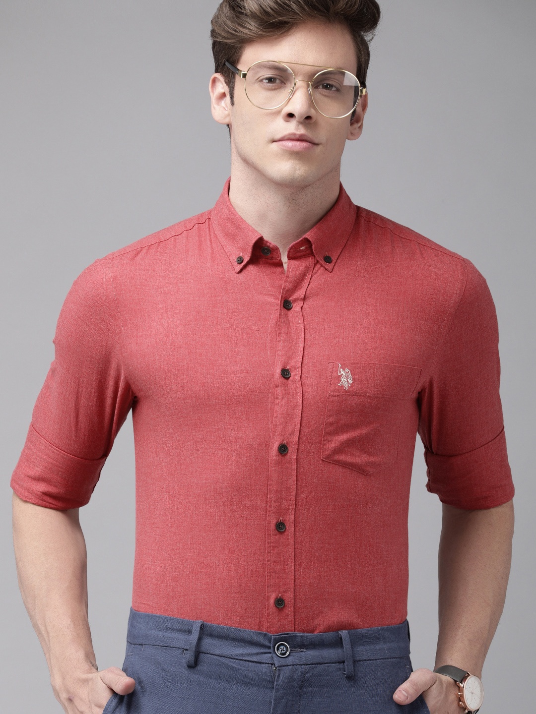 

U.S. Polo Assn. Men Red Tailored Fit Solid Smart Casual Shirt