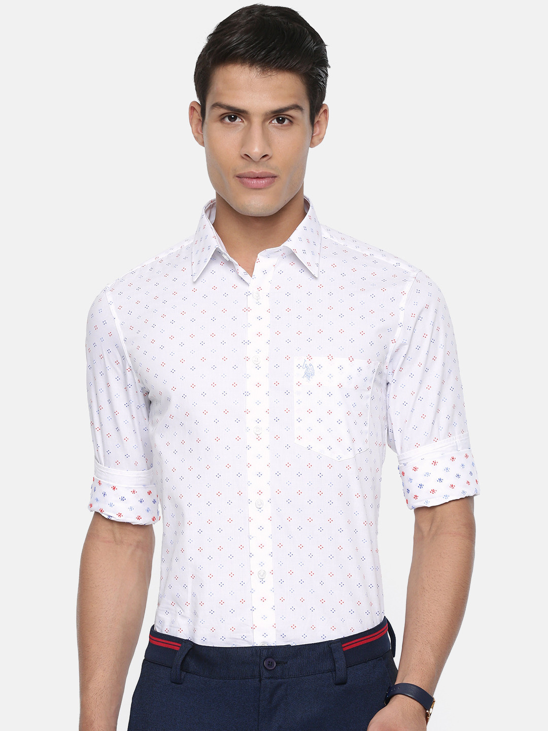 

U.S. Polo Assn. Tailored Men White & Blue Tailored Fit Self Design Smart Casual Shirt