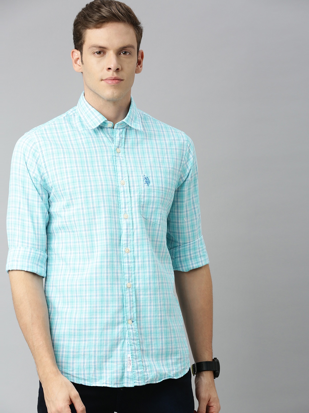 

U.S. Polo Assn. Men Teal & White Regular Fit Checked Casual Shirt