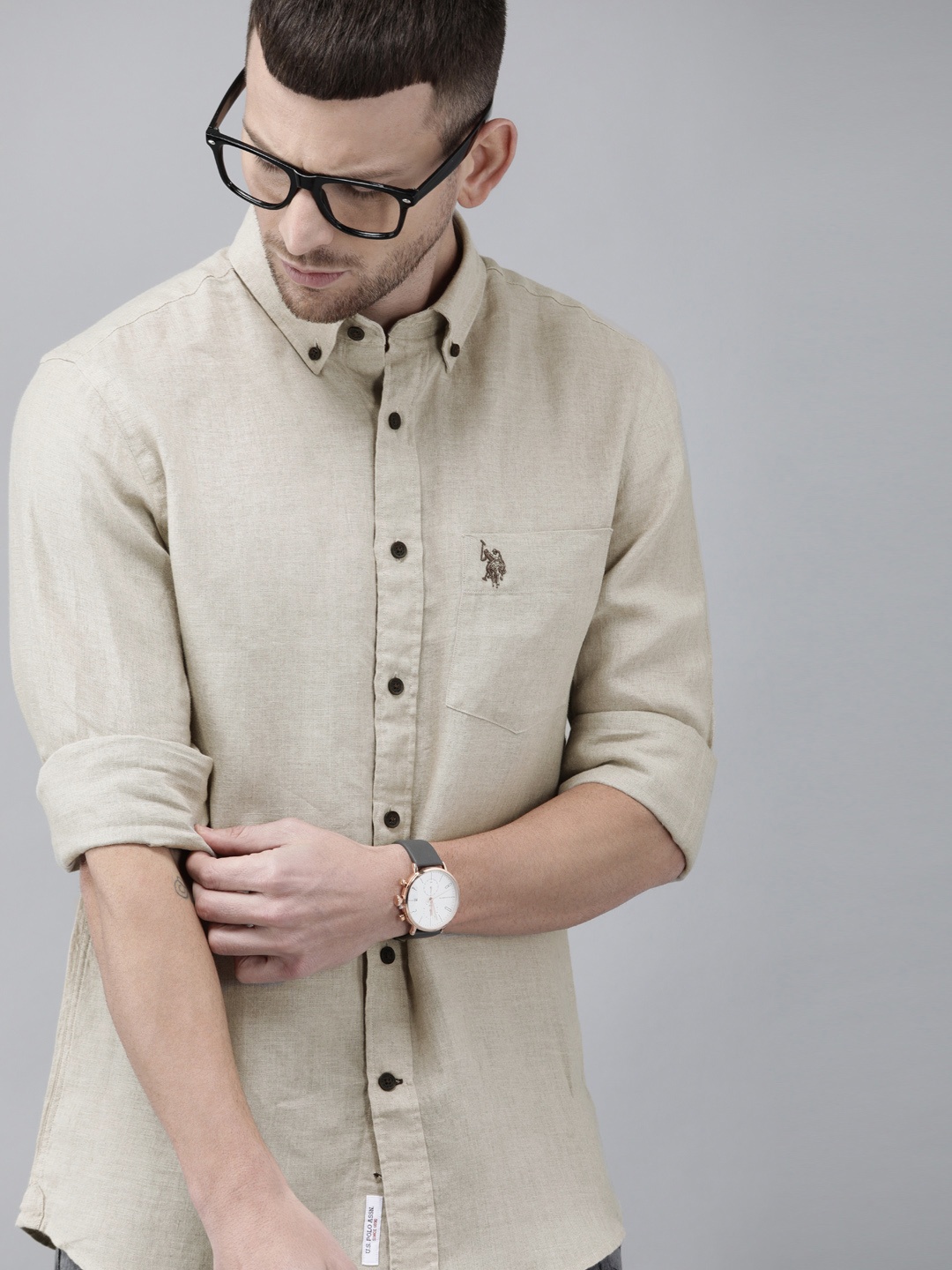 U.S. Polo Assn. Men Beige Tailored Fit Solid Casual Linen Shirt