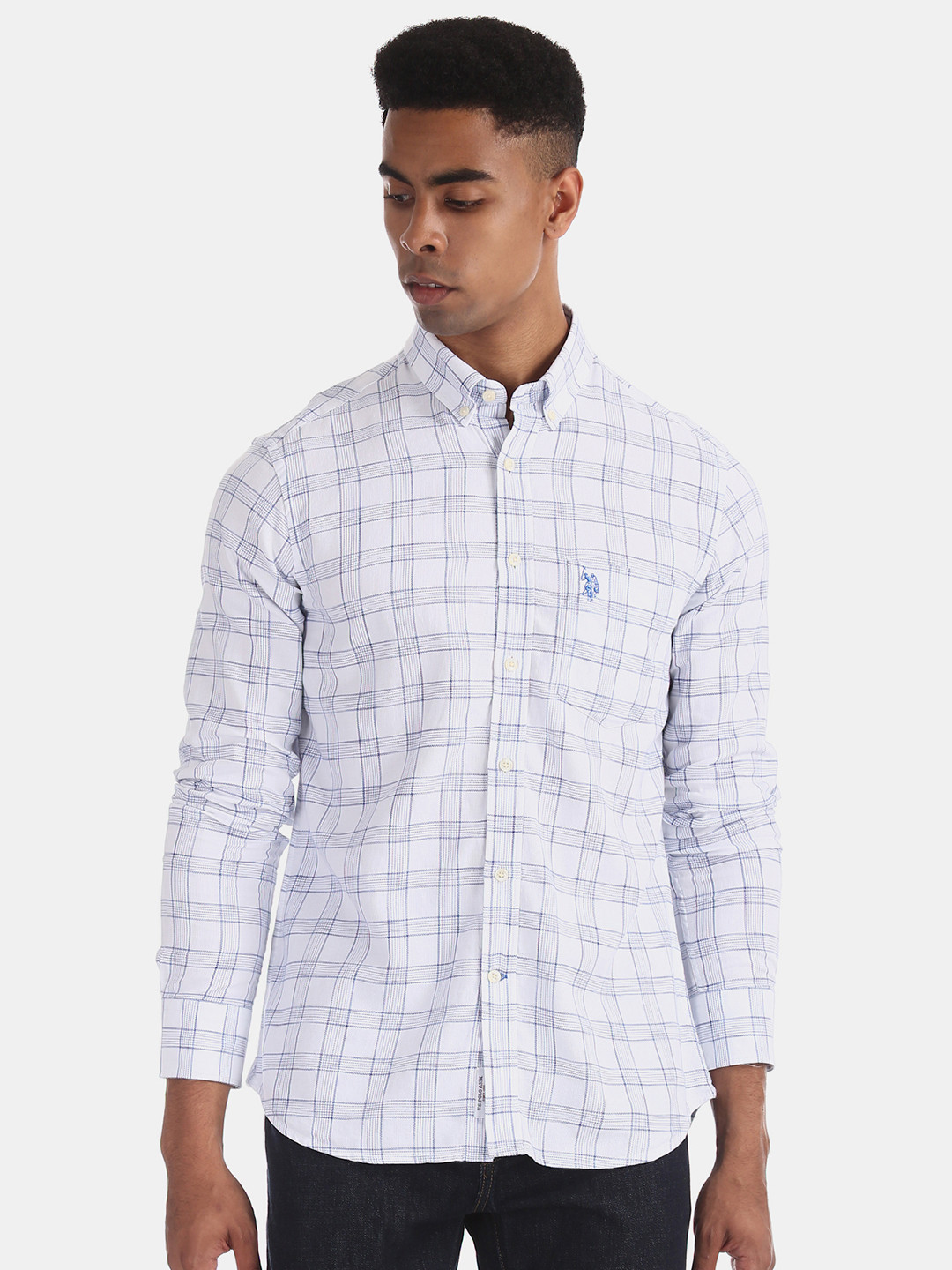 

U.S. Polo Assn. Men White & Navy Blue Tailored Fit Checked Casual Shirt