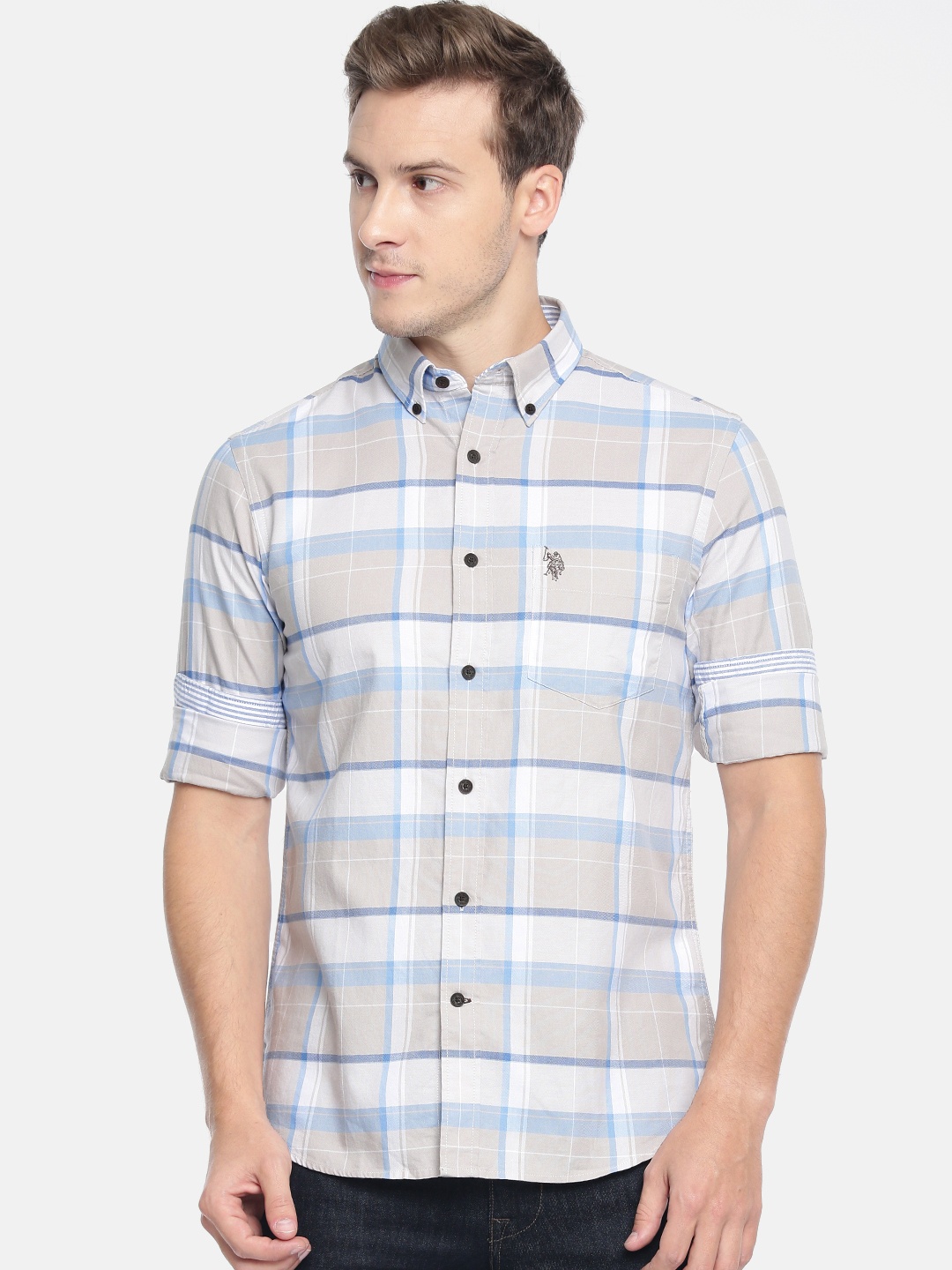 

U.S. Polo Assn. Men Beige & Blue Tailored Fit Checked Casual Shirt