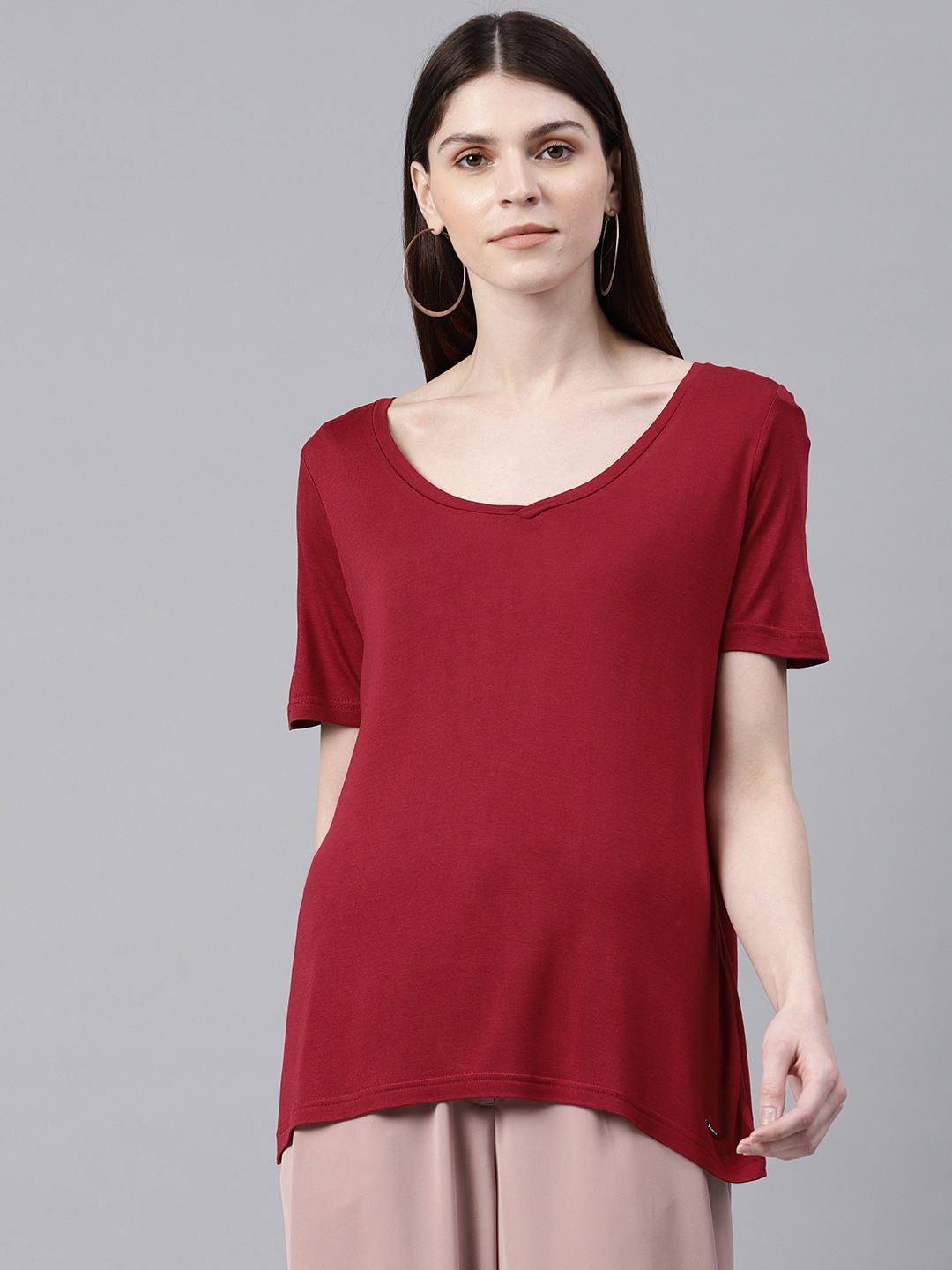 

Van Heusen Woman Women Maroon Solid V-Neck T-shirt
