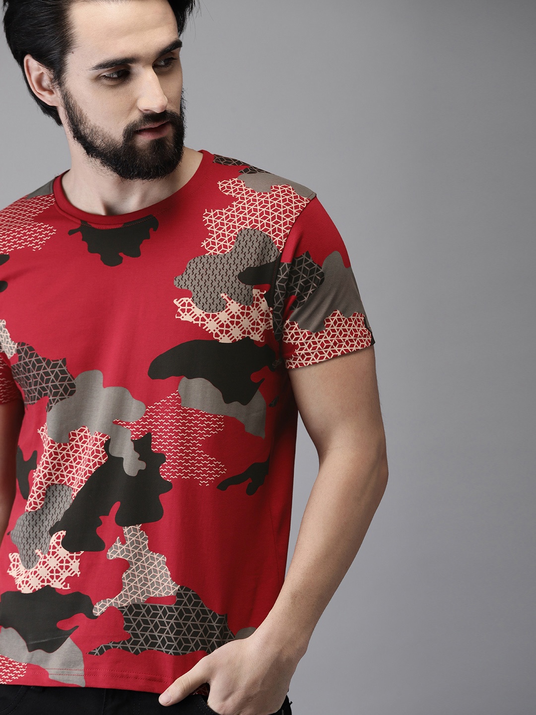 

Moda Rapido Men Red Black Printed Round Neck Pure Cotton T-shirt