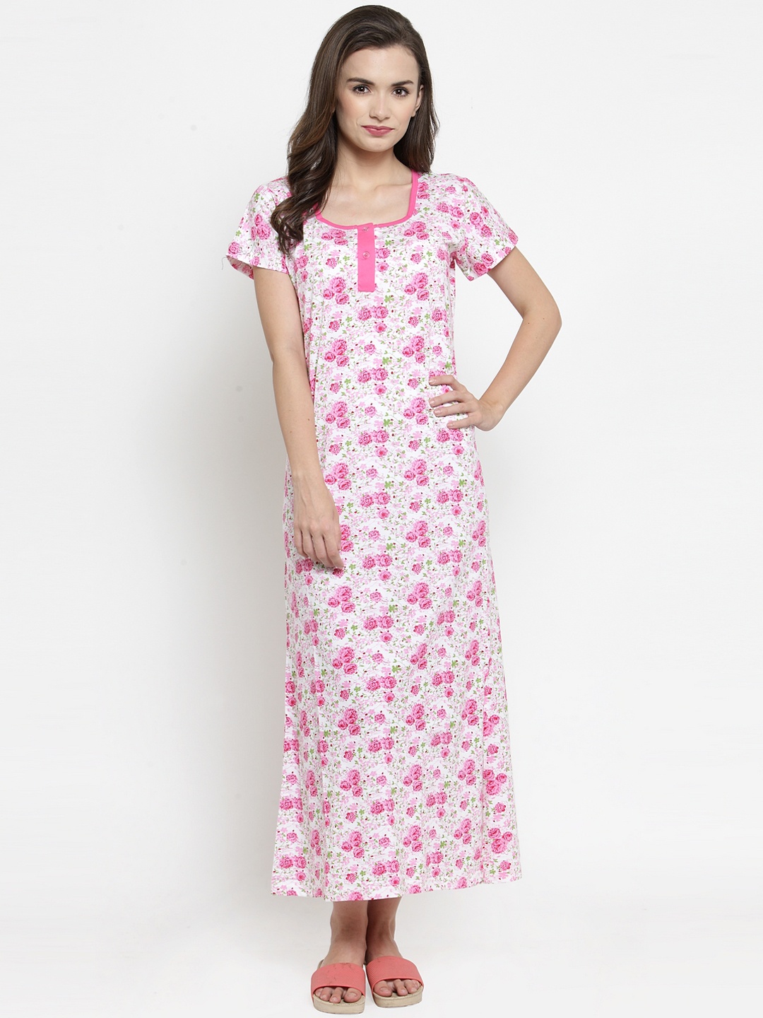 

Claura Pink & White Printed Nightdress Cot-12