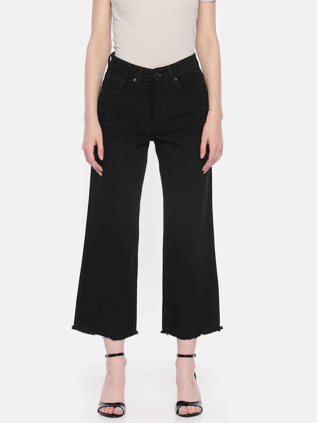 

Pepe Jeans Women Black Marcia Cuelotte Flared Fit High-Rise Low Distress Jeans