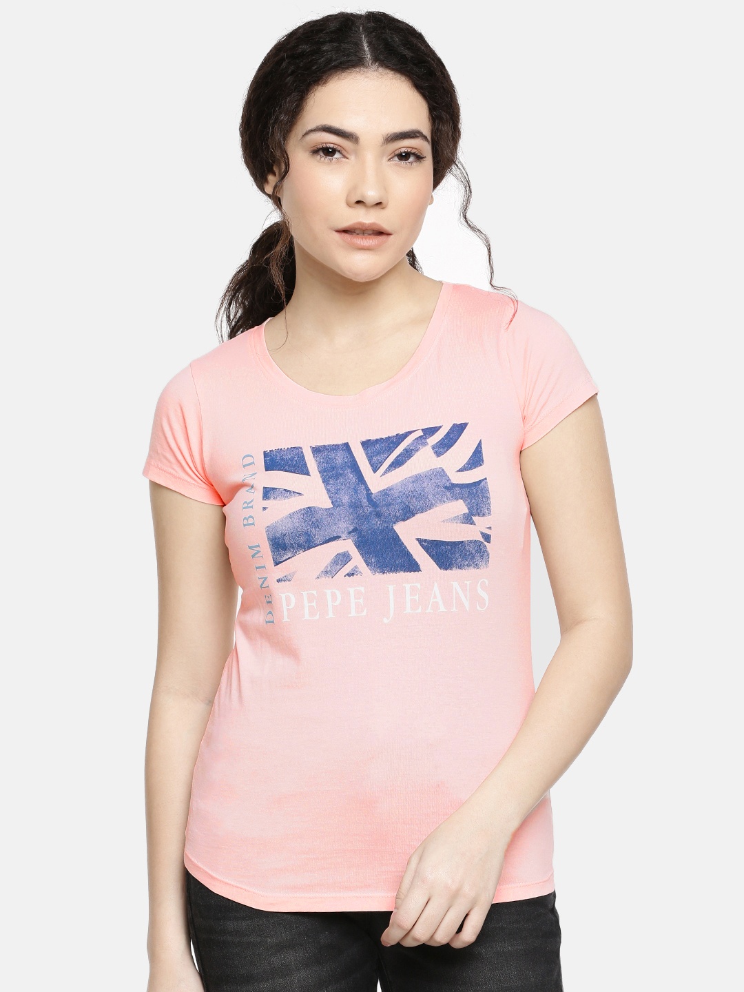 

Pepe Jeans Women Peach-Coloured Aliyah Fit Printed Round Neck Pure Cotton T-shirt