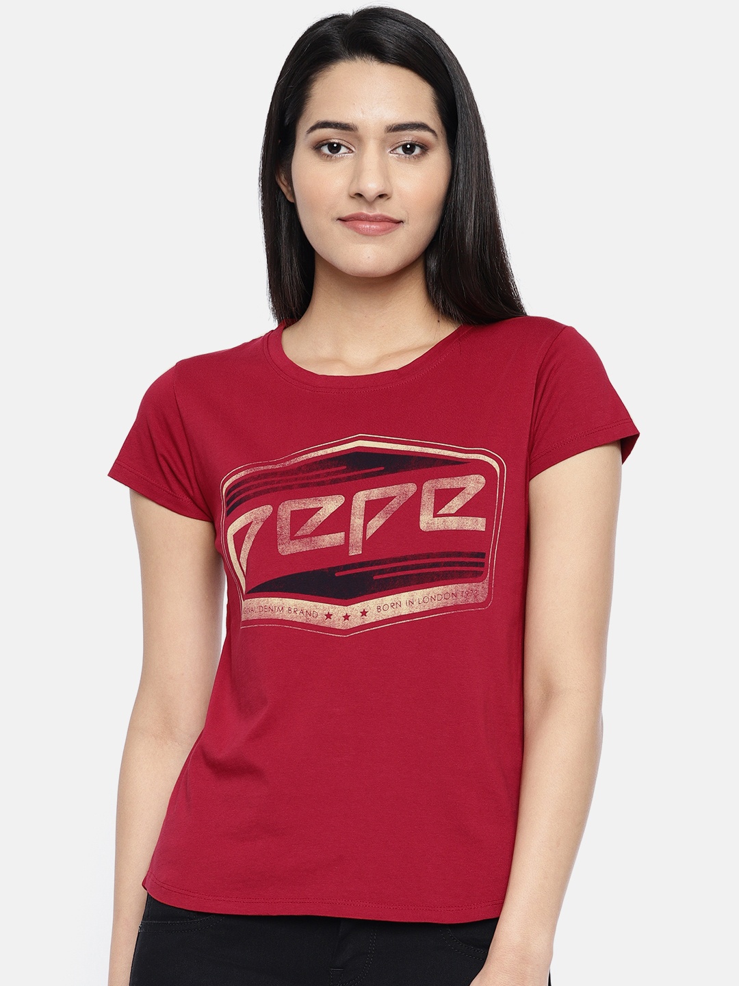

Pepe Jeans Women Red Printed Round Neck Pure Cotton T-shirt