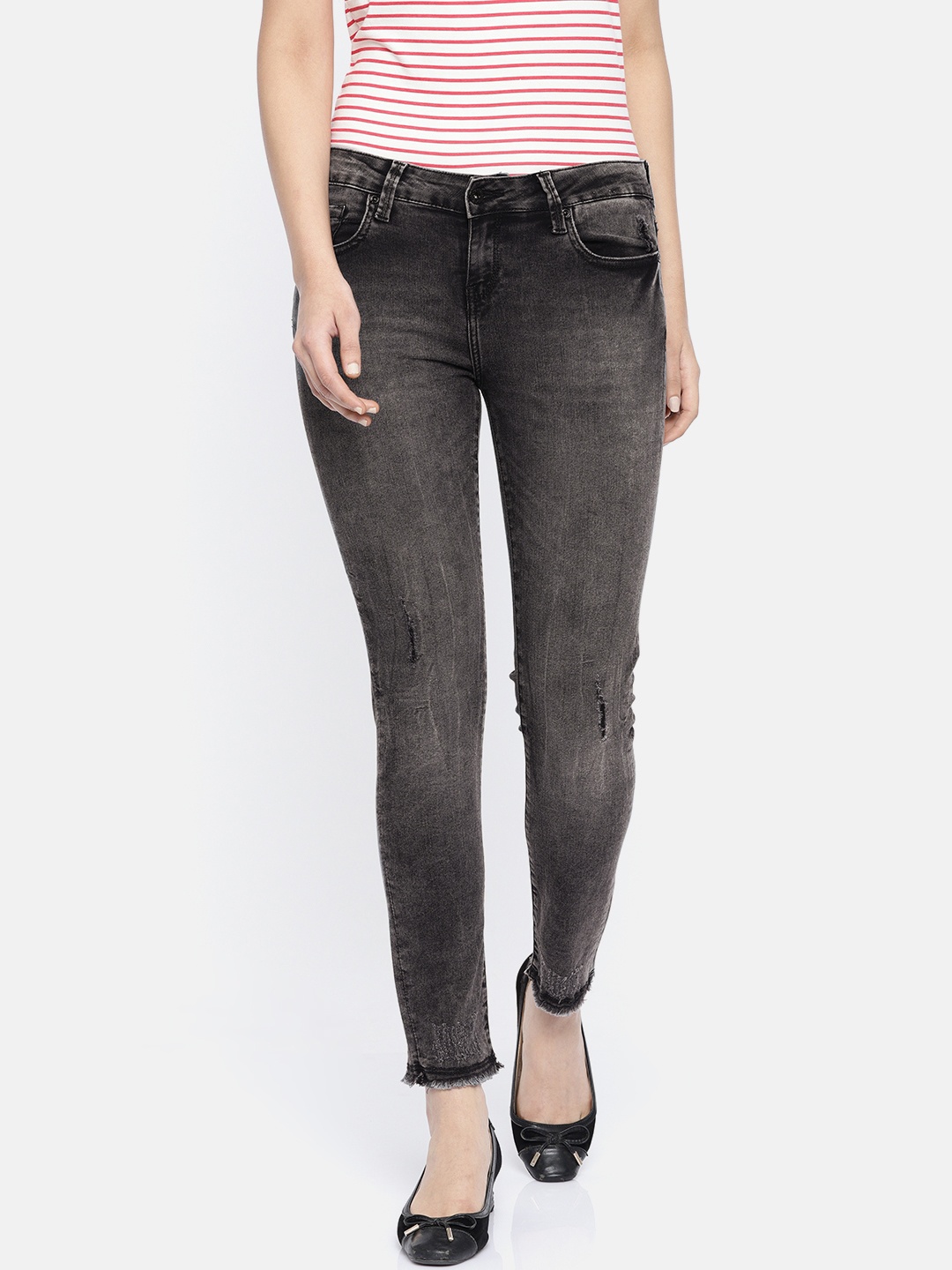

Pepe Jeans Women Charcoal Black Jeggings Super Skinny Fit Mid-Rise Low Distress Jeans