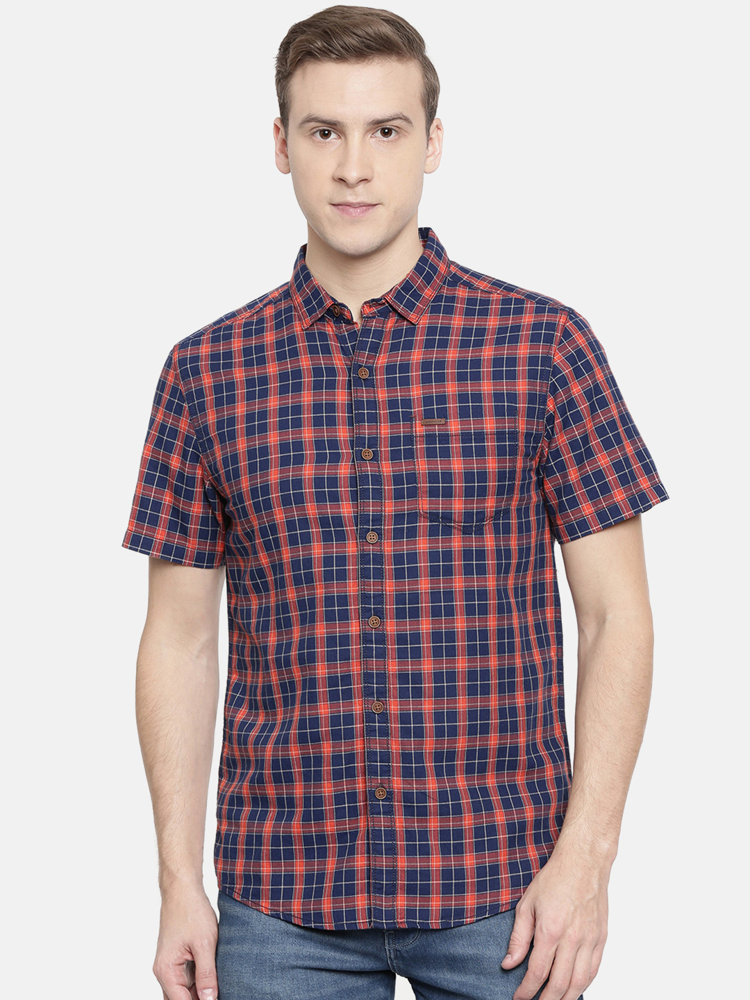 

Wrangler Men Navy Blue & Orange Slim Fit Checked Casual Shirt