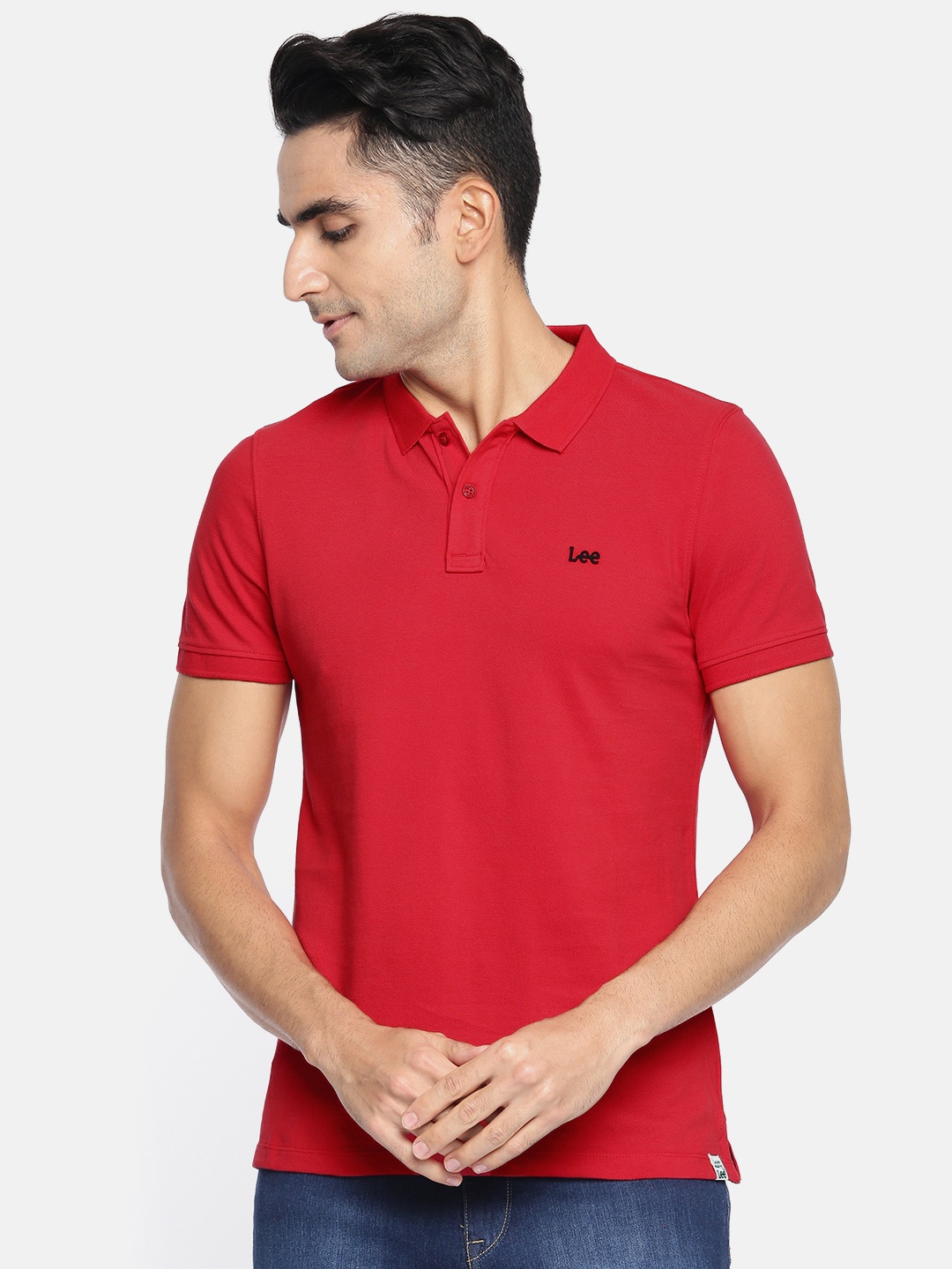 

Lee Men Red Solid Polo Collar Pure Cotton T-shirt