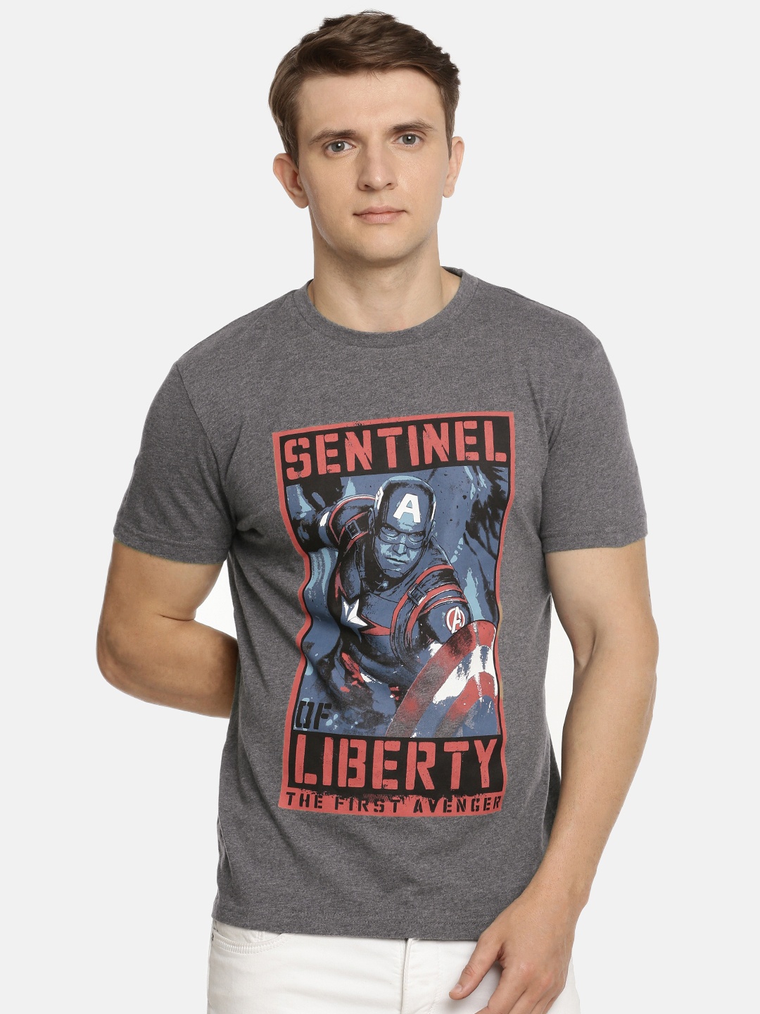 

Lee Men Charcoal Grey Printed Captain America Slim Fit Round Neck Pure Cotton T-shirt