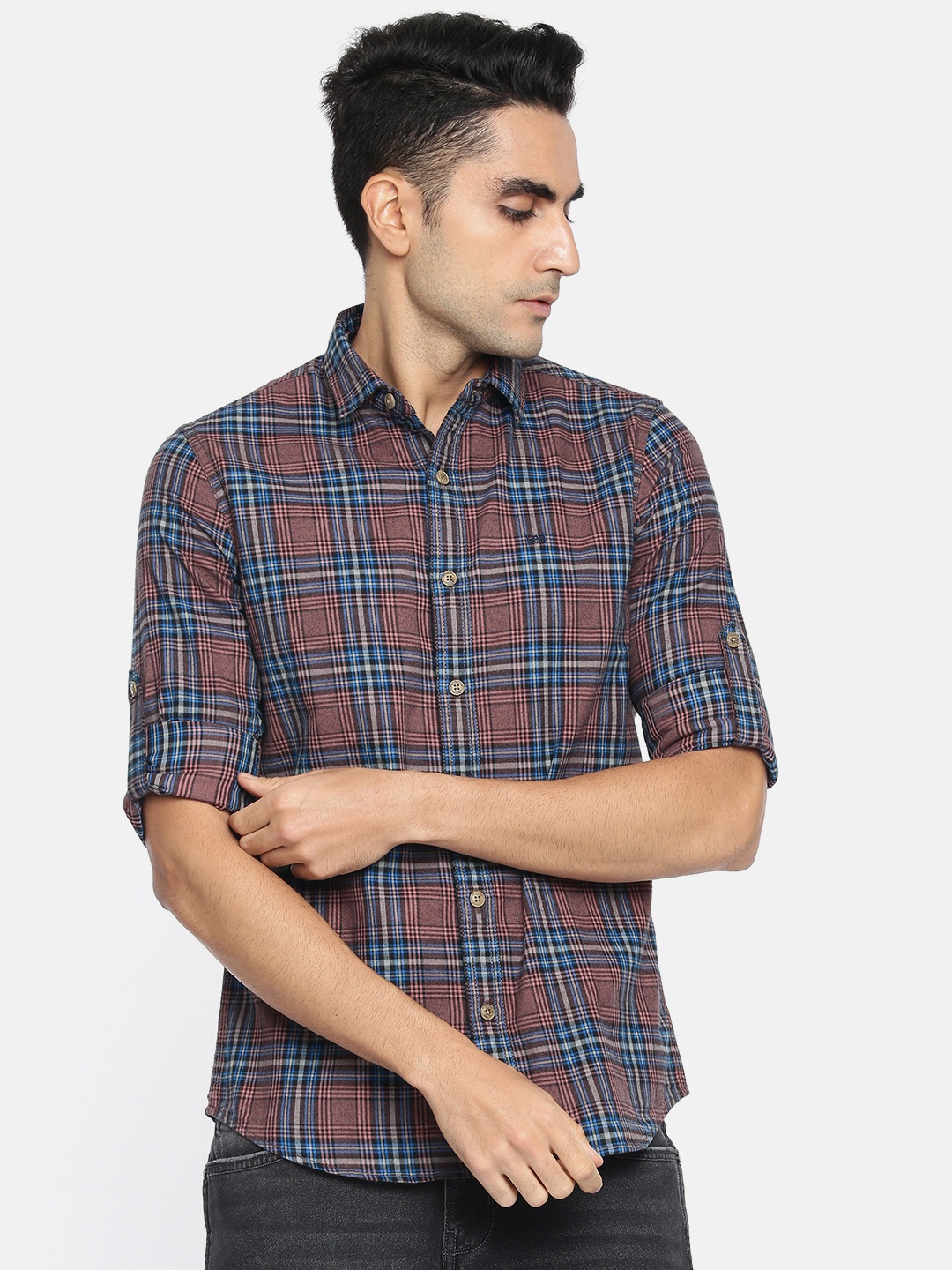 

Lee Men Rust Red & Blue Slim Fit Checked Casual Shirt